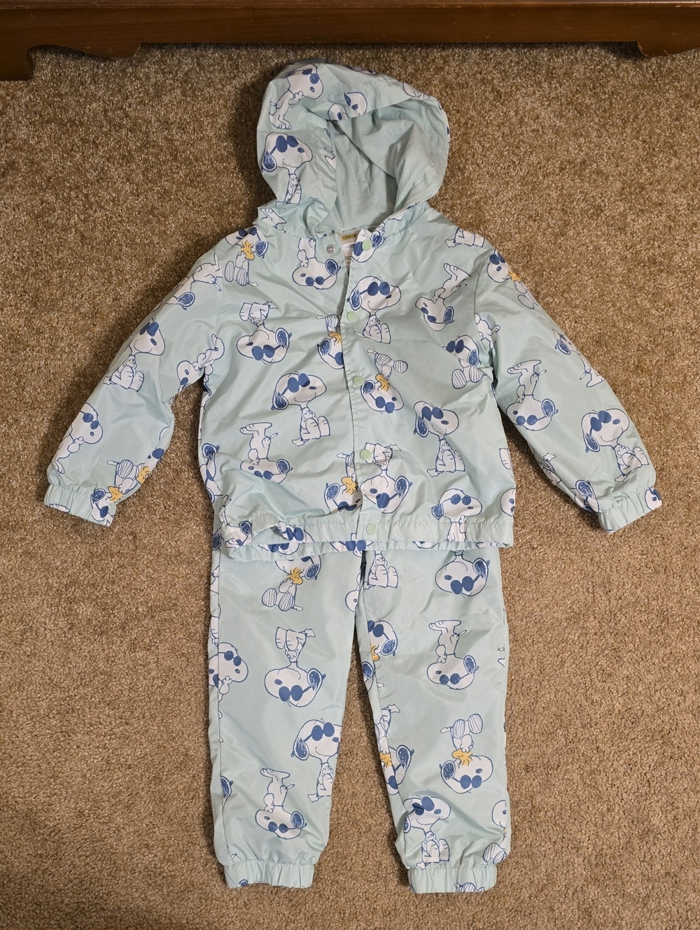 Kids Light Green Snoopy-Print Rain Suit with Hood